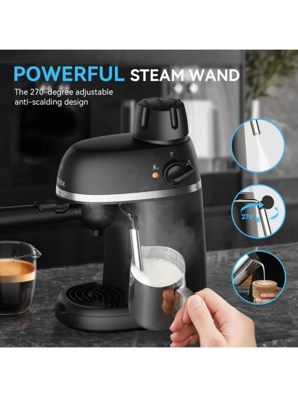 Compact Espresso & Cappuccino Maker, 3.5 Bar Pressure, Steam Wand for Home